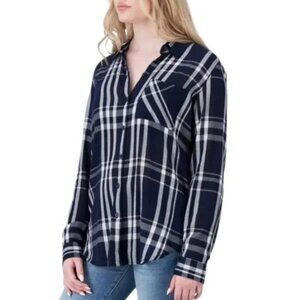 NEW Lucky Brand Womens‎ XL Button Up Shirt Blue Plaid Pattern Gauze Collared